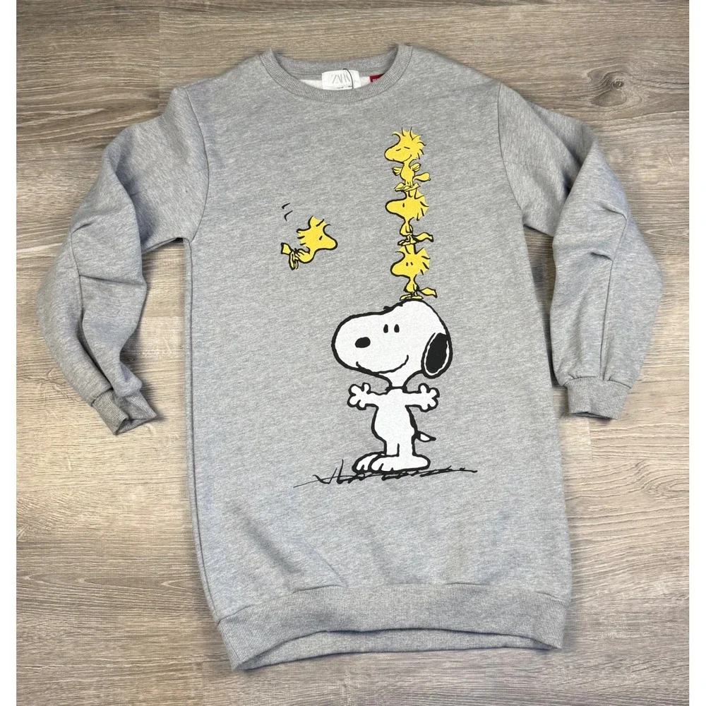 Zara Kids Peanuts Snoopy Woodstock Sweatshirt Dress Gray Size 13-14 164cm NWT
